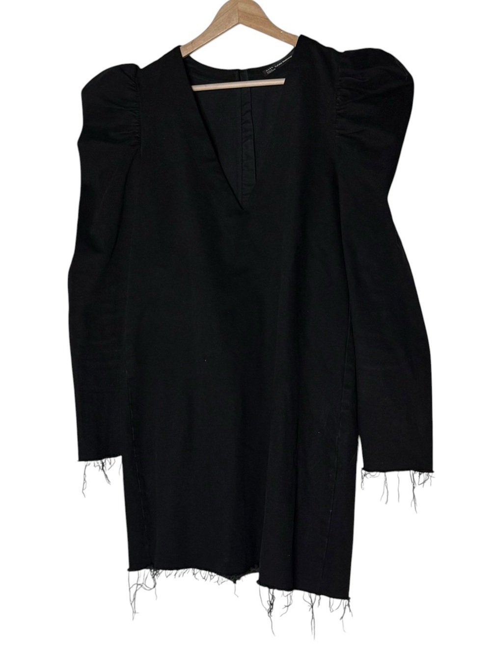 Zara Black Denim Distressed Puff Sleeve Mini Dress Large Long Sleeve Exposed Zip